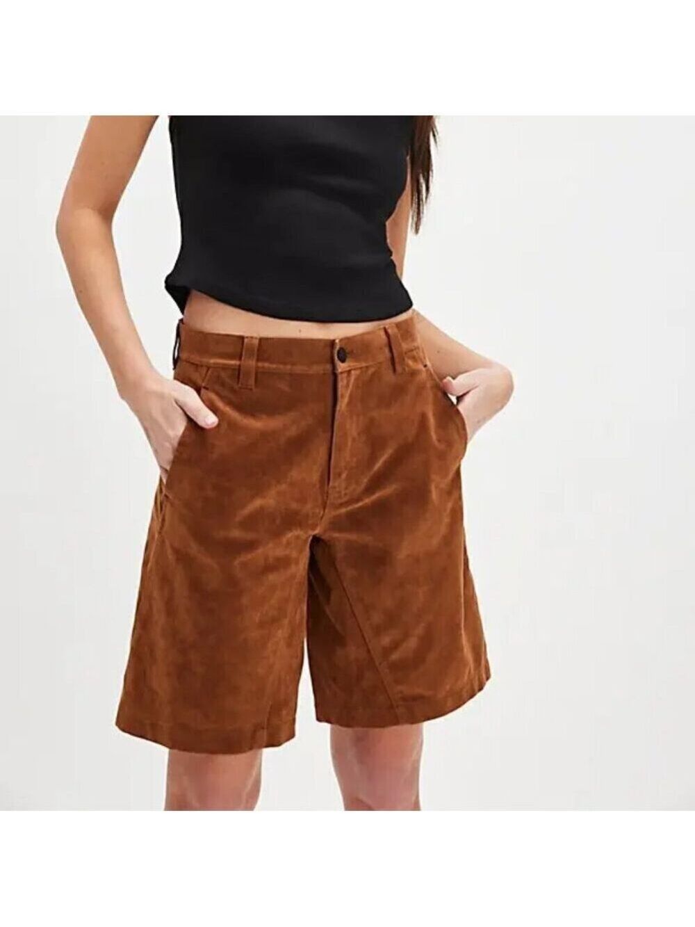 Free People Dylan Vegan Suede Long Shorts Brown Bermuda We The Free 27 NWT - Picture 3 of 11